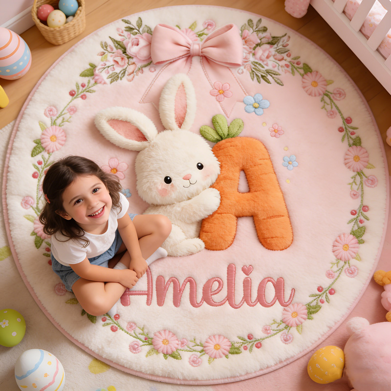 Personalized Bunny Theme Custom Name Floral Nursery Cute Kids Room Play Mat Carpet Rug Easter Gift