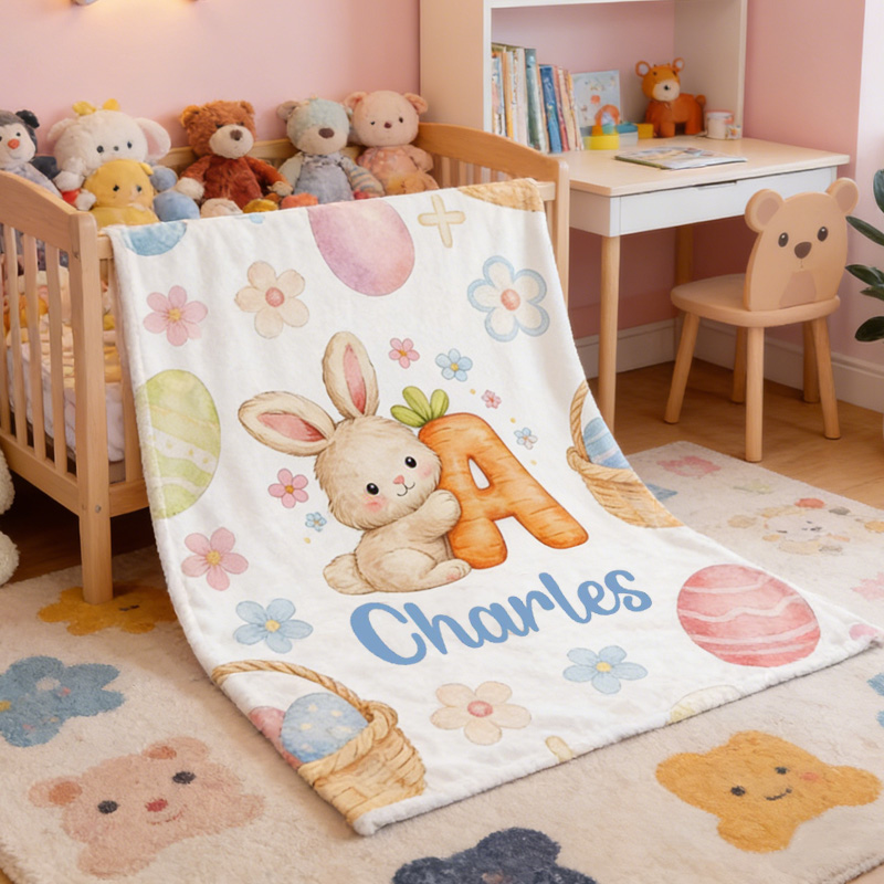 Personalized Bunny Theme Custom Name Initial Easter Gift Soft Kids Nursery Cozy Blanket
