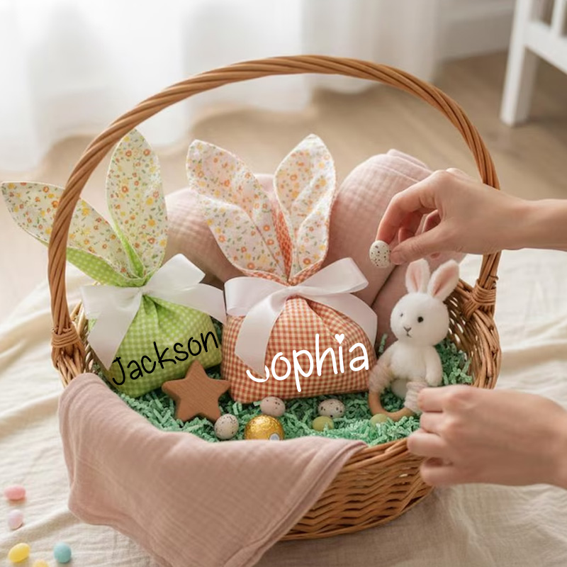 Personalized Easter Theme Custom Name Cute Reusable Fabric Gift Pouches Kids Party Bunny Ear Treat Bags