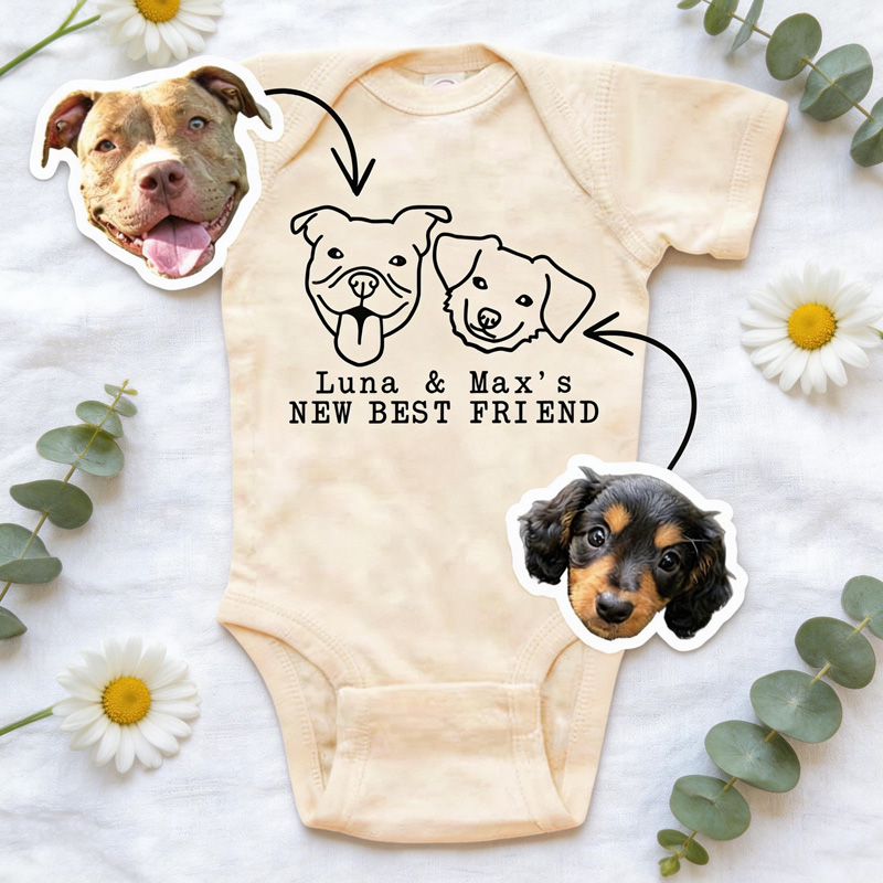 Personalized Pet Photo Best Friends Theme Custom Face and Name Puppy Outline Unique Family Outfit Baby Bodysuit