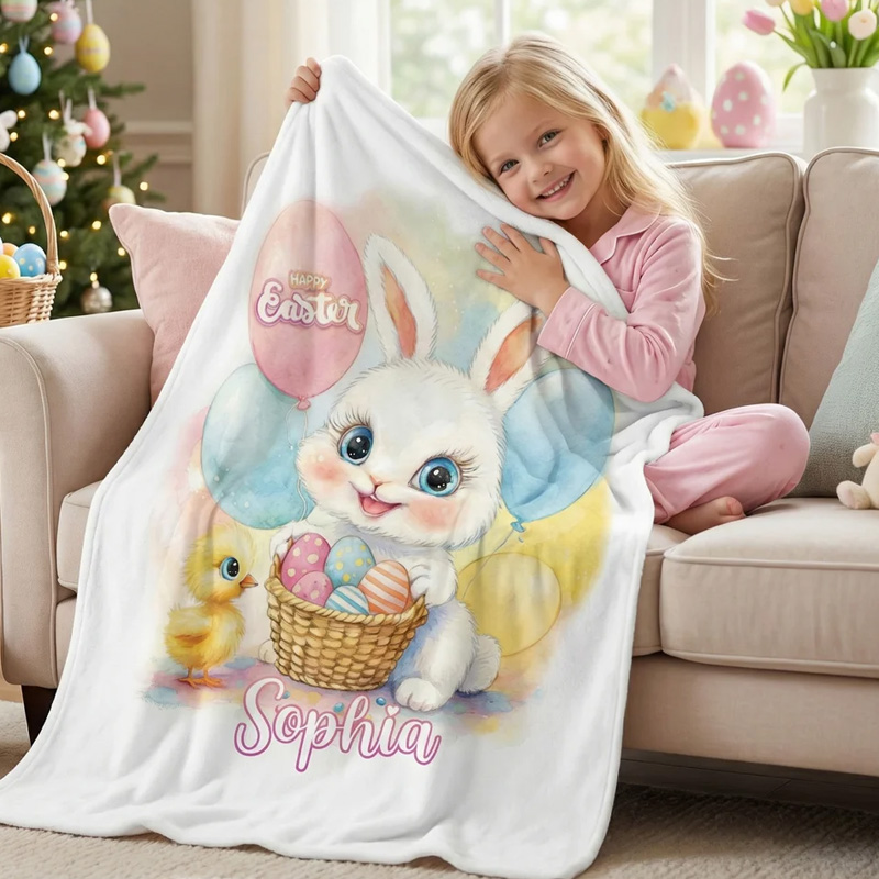 Personalized Happy Easter Cute Bunny Chick Balloon Soft Throw Blanket with Name Home Decor Easter Gift for Kids