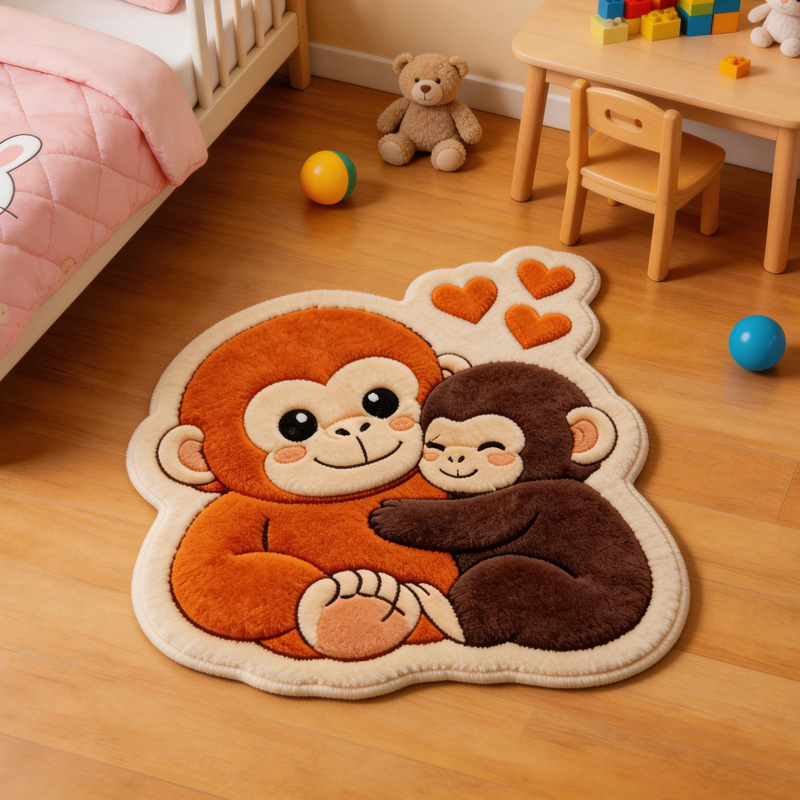 Cute Baby Monkey Hugging Parent Soft Nursery Room Play Mat Gift Punch Monkey Carpet Rug Gifts for Emotional Comfort