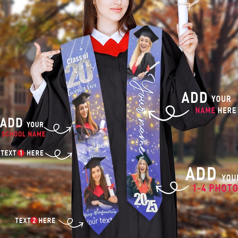 Personalized Custom Photo Name School Year Memory Collage Unique Senior Gift Colorful Satin Scarf Graduation Stole