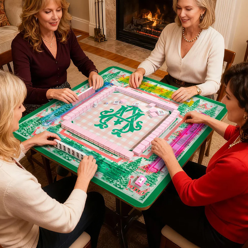 Personalized Chinoiserie Pine Cottage Print Mahjong Mat with Monogram Game Accessory Christmas Birthday Gift for Mahjong Lovers