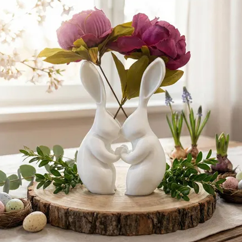 Cute Bunny Couple Holding Hands Spring Easter Tulip Floral Centerpiece Home Decor 3D Printed Vase