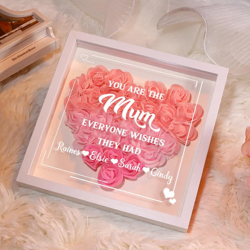 Personalized Mum Shadow Box Rose Heart Frame with Kids’ Names Family Name Keepsake Floral 3D Wall Art Mother’s Day Gift 