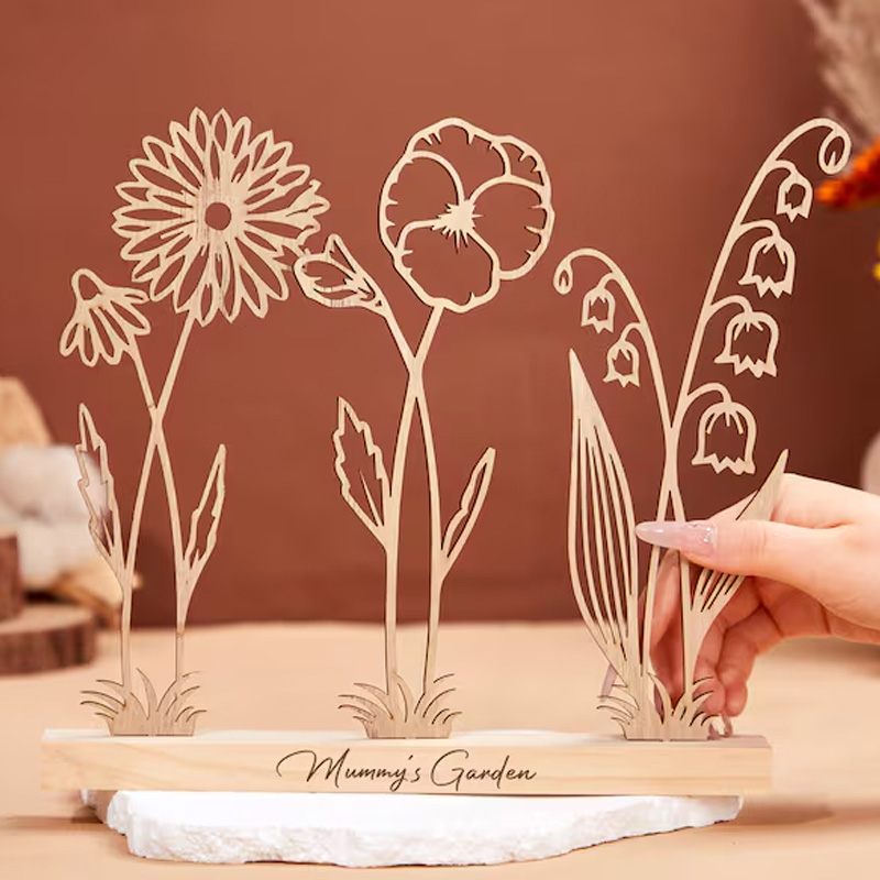 Personalized Wood Birth Flower Garden Engraved Flower Decoration Birthday Flower Bouquet Gift for Mom Grandma Gifts for Her Mothers Day Gift