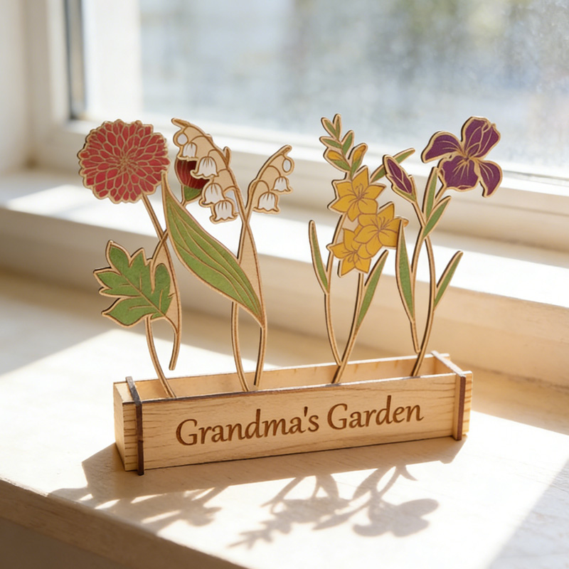 Personalized Gift Custom Engraved Floral Ornament Handmade Family Keepsake Art Piece Wooden Flower Stand For Table Decor Mother's Day Gift