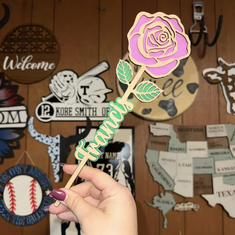 Personalized Custom Name Gift for Kids Handmade Wooden Rose Craft Mothers Day Present Wooden Flower Stand For Table Decor