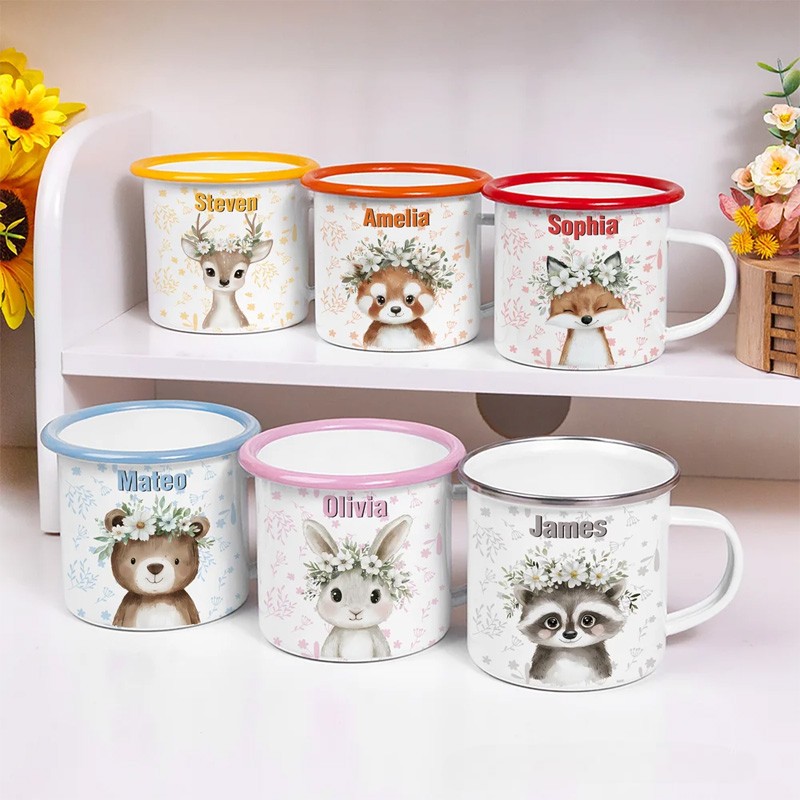 Personalized Cartoon Wreath Deer Bear Animals 12 oz Colored Rim Enamel Mug with Name Daily Use Christmas Birthday Gift for Boys and Girls