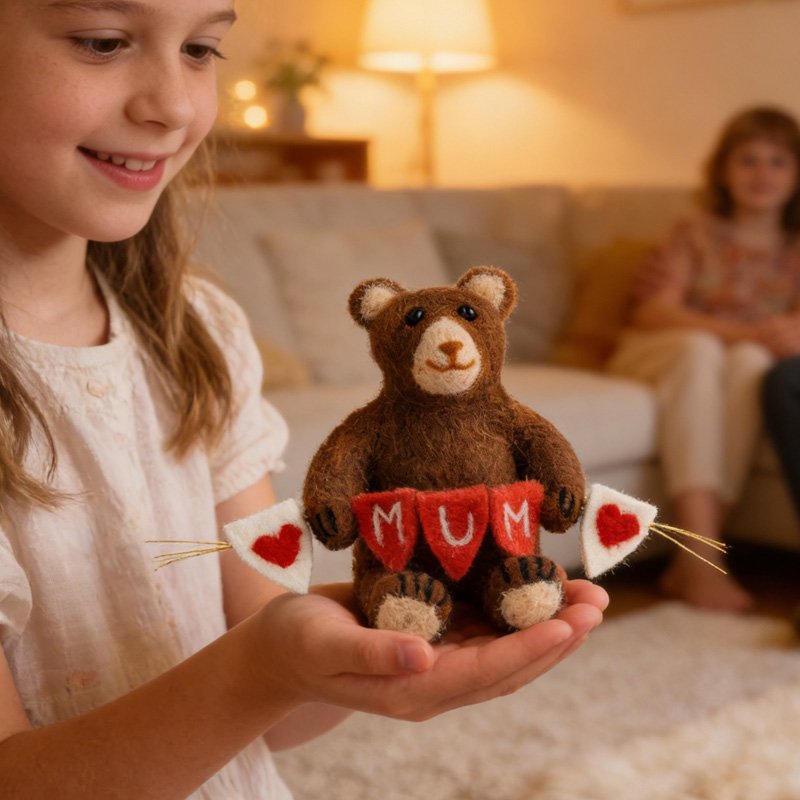 Personalized Handmade Mothers Day Gift Cute Wool Bear Holding Heart Banner Home Decoration Ornament Felt Mum Nana Dad Bunting Bear