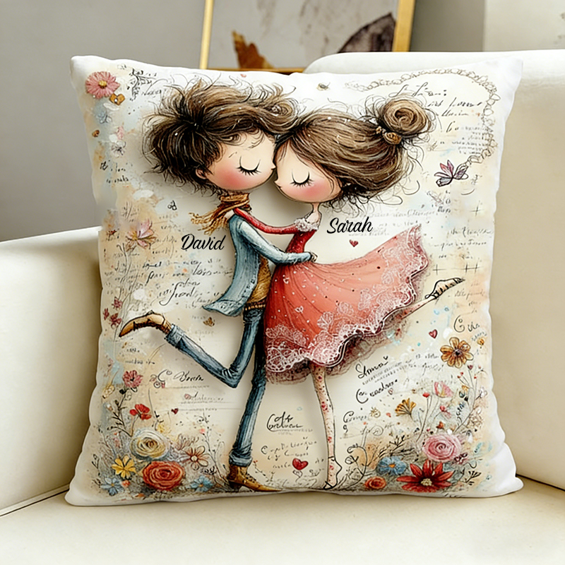 Personalized Cartoon Couple Pillow with Name Valentine's Day Anniversary Gift for Couples