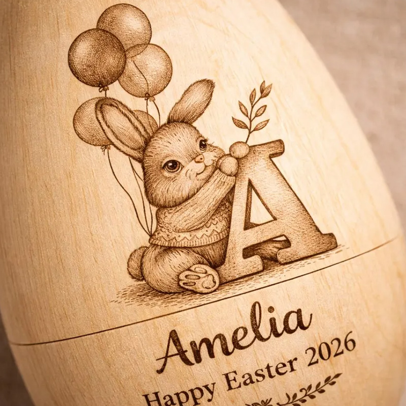 Personalized Engraved Bunny Initial Gift Custom Name Keepsake for Kids Holiday Decoration Collectible Fillable Wooden Easter Egg
