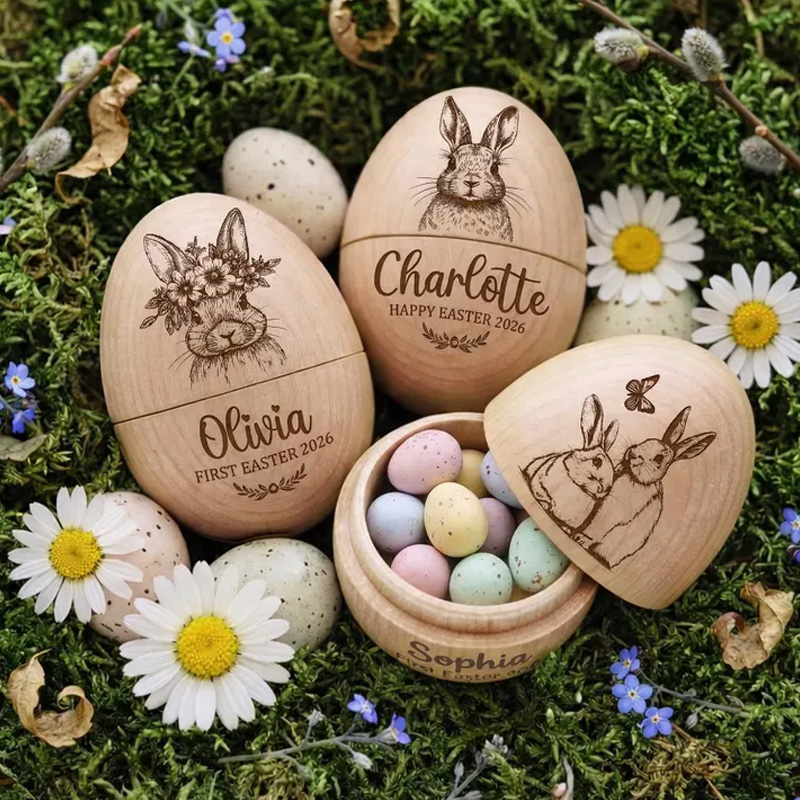 Personalized Custom Engraved Bunny Gift Name Keepsake Treat Box for Kids Easter Celebration Holiday Fillable Wooden Easter Egg