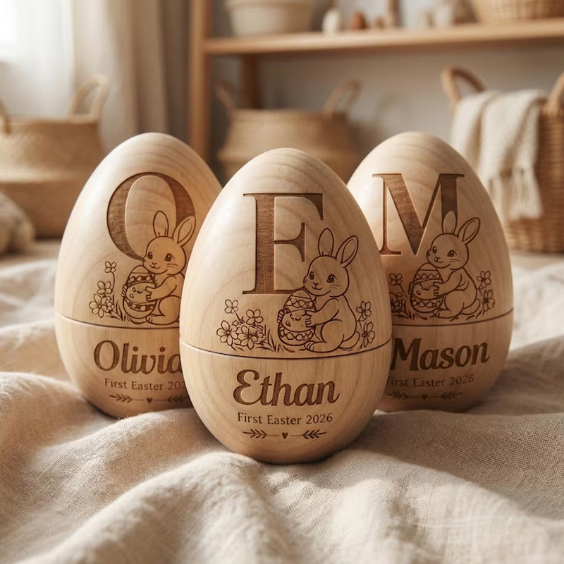 Personalized Engraved Initial Bunny Gift Custom Name Keepsake for Kids Easter Celebration Holiday Fillable Wooden Easter Egg