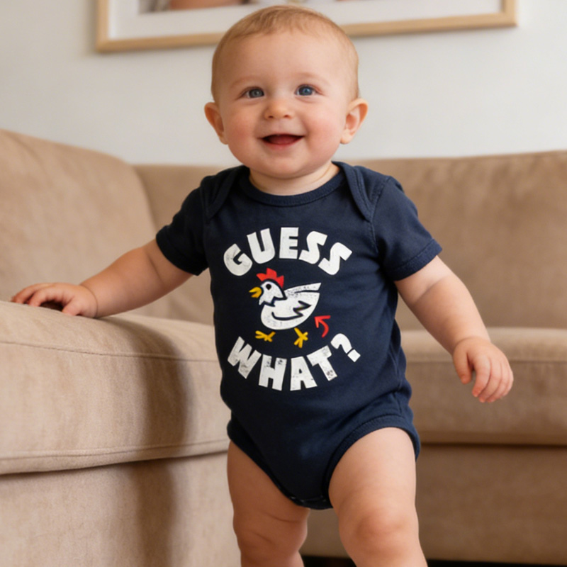 Funny Guess What Chicken Print Cute Outfit Gift for Infant Toddler Easter Holiday Baby Bodysuit