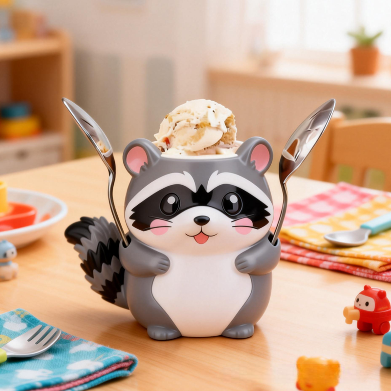 Cute Cartoon Raccoon Ice Cream Pint Holder 3D Printed with 2 Spoon Slots Cozy Birthday Gifts for Kids