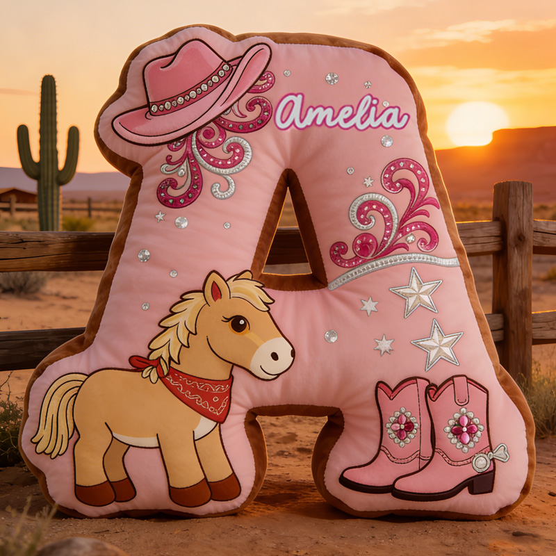 Personalized Cowgirl Western Horse Hat Boots Custom Name Kids Gift Bedroom Decoration 3D Print Pillow