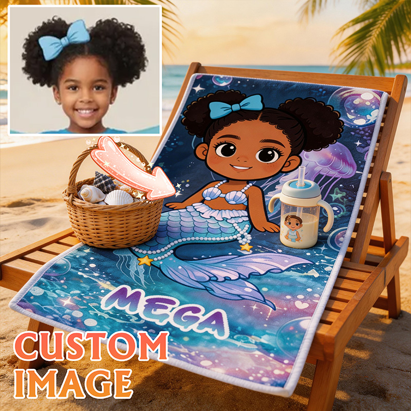 Personalized Cute Mermaid Cartoon Towel Custom Photo Kids Gift for Summer Swimming Pool Fun Beach Towel