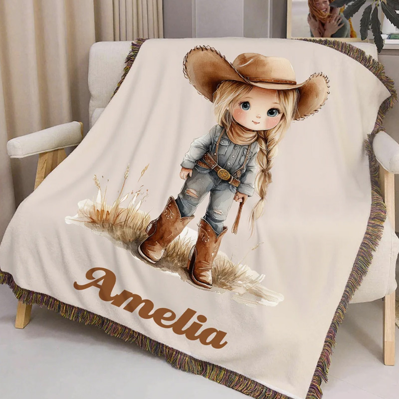 Personalized Cartoon Cowboy Cowgirl Tassel Soft Throw Blanket with Name Home Decor Birthday Gift for Kids Cowboy Lovers