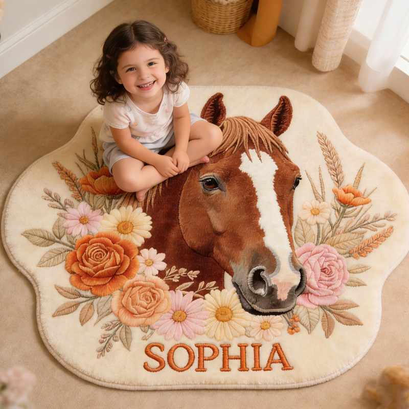 Personalized Horse Lover Floral Decor Gift For Kids Equestrian Pony Animal Print Bedroom Playroom Rug  Gift for Equestrian Riding Lovers Hourse Lover Gifts