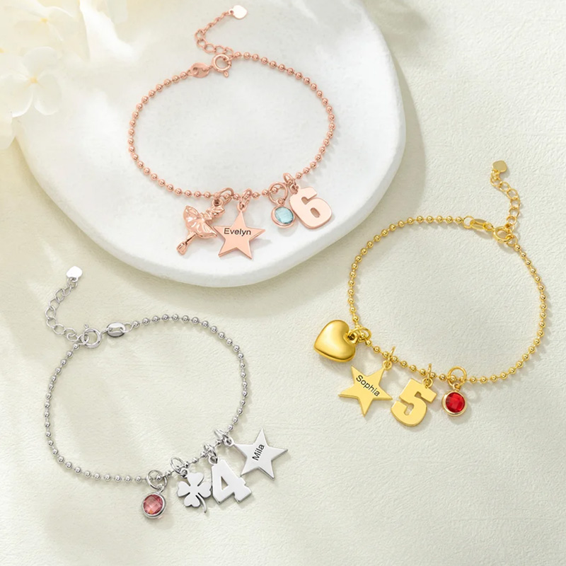Personalized Lucky Star Heart Seahorse Ballerina Pendant Bead Chain Bracelet with Birthstone Number and Engraved Name Birthday Gift for Kids Girls