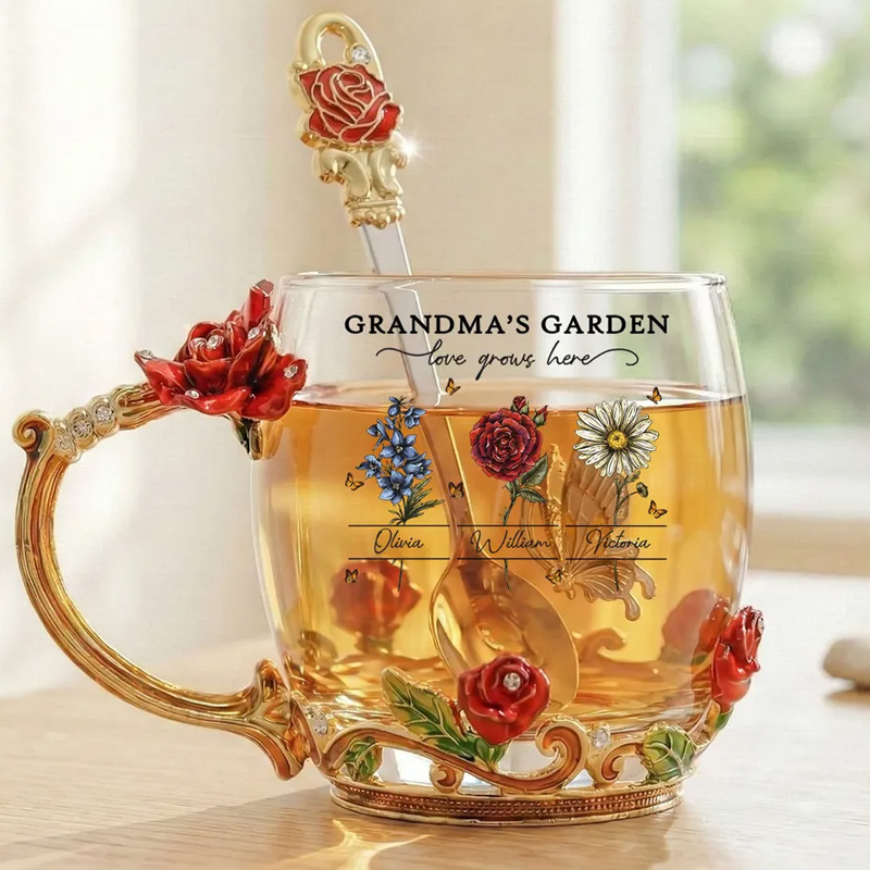 Personalized Grandma's Garden Enamel Flower Tea Cup with Custom Birth Month Flowers, Vintage-Inspired Unique Gift for Grandma