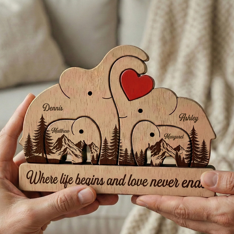 Personalized Custom Engraved Family Name Gift Home Decor Anniversary Present Love Keepsake Elephant Family Wooden Puzzle