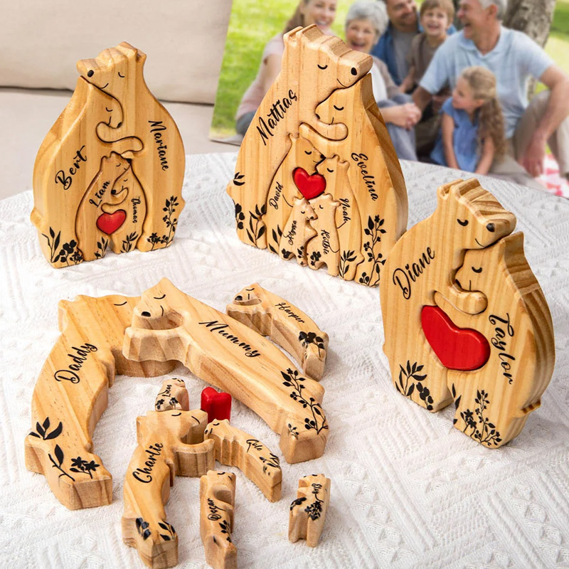 Personalized Wooden Bear Family Puzzle with 2-6 Names and Red Heart Desk Decoration Birthday Mother's Day Gift for Family
