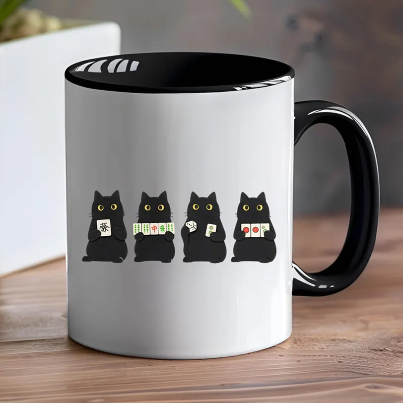 Cat Lover Gift Cute Black Cats Funny Coffee Tea Cup for Game Fans Mahjong Mug
