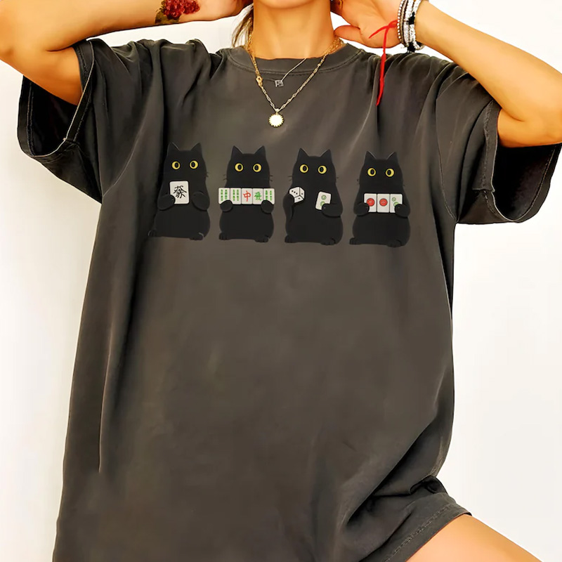 Gift Cute Black Cats Holding Mahjong Tiles Funny Game Lover Graphic Casual Tee Mahjong Player Gift for Him Her