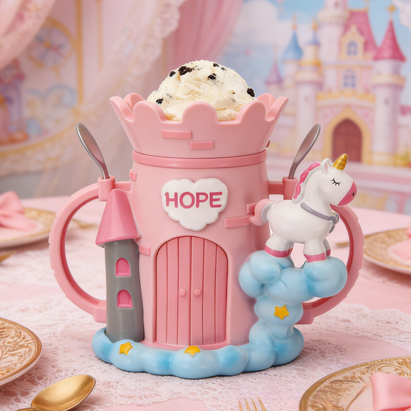 Cartoon Unicorn Castle Ice Cream Pint Holder 3D Printed with 2 Spoon Slots Cozy Birthday Gifts for Kids