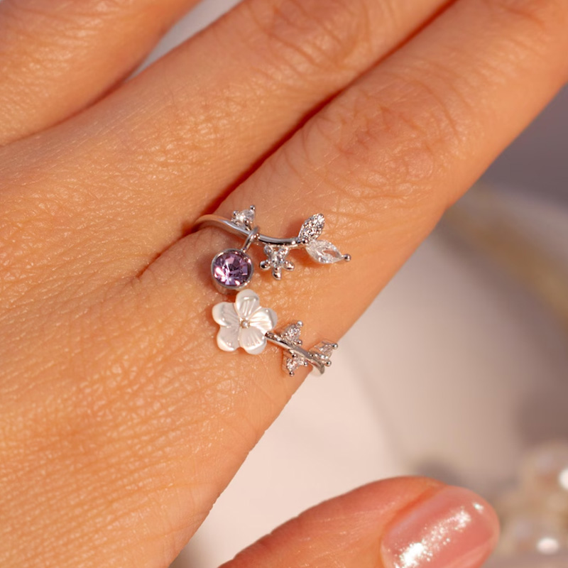 Personalized Birth Flower Ring Mother of Pearl Sakura Rings Adjustable Delicate Personalized Birthstone Gift Mather's Day Gift