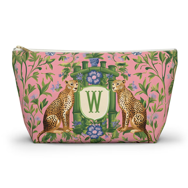 Personalized Custom Initial Gift Luxury Leopard Floral Print Storage Organizer Pouch for Game Lovers Mahjong Tile Bag