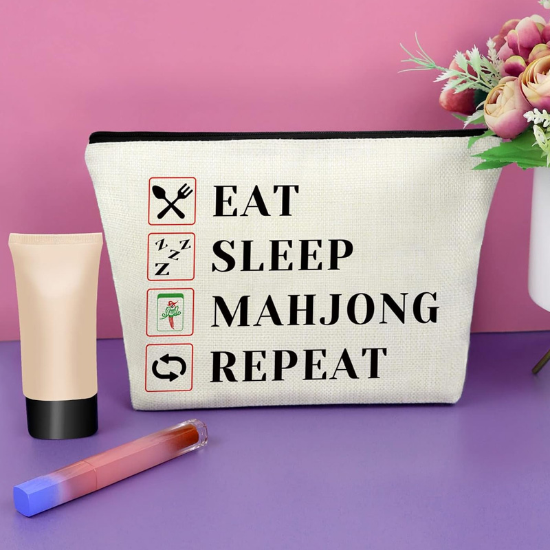 Funny Gift Eat Sleep Mahjong Repeat Canvas Storage Organizer Pouch for Game Lovers Mahjong Tile Bag