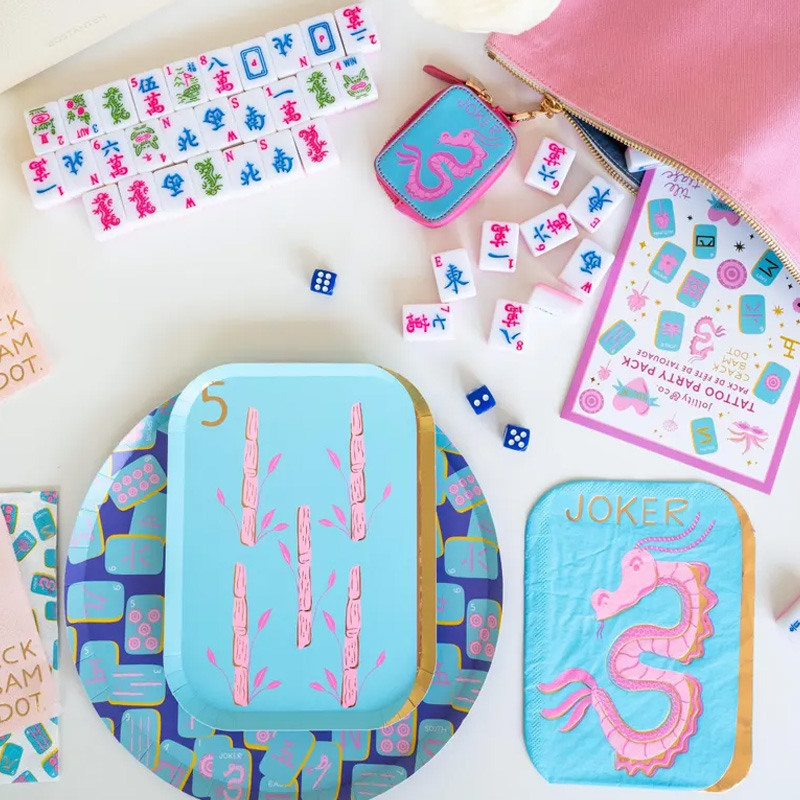 Colorful Dragon Pattern Fun Party Tableware Gift Set for Mahjong Lovers Mahjong Tile Dinner Plates