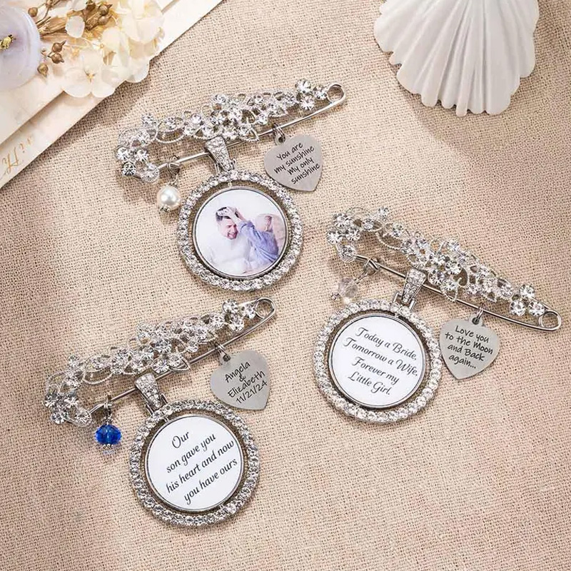 Personalized Something Blue Wedding Bouquet Charm Photo and Engraved Heart Brooch Memorial Rhinestone Pearl Gift for Bride