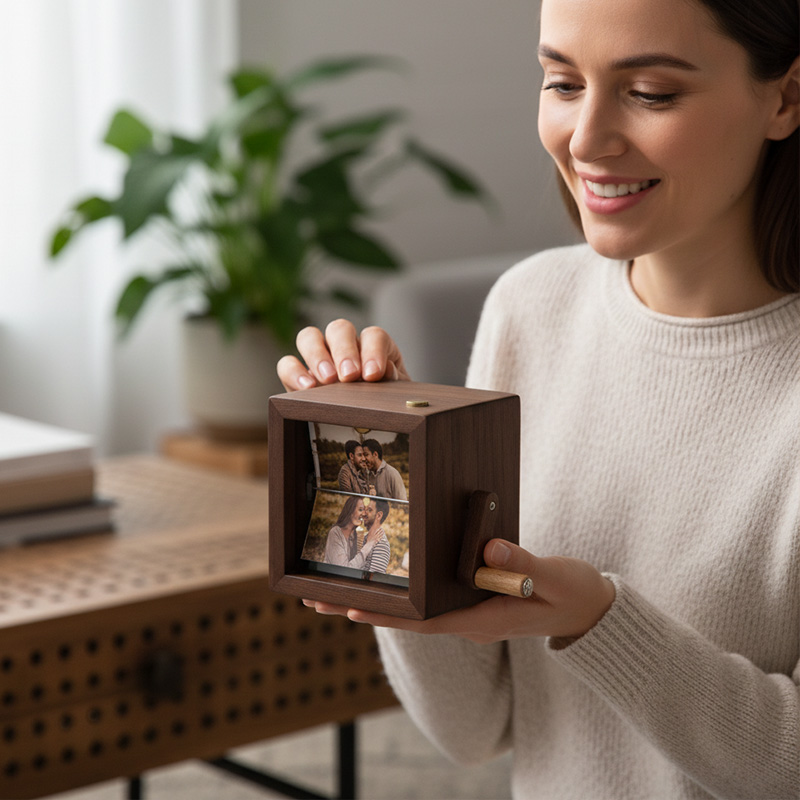 Personalized Creative Retro Wooden Movie Memory Display Box Vintage Photo Player Gift Hand-Cranked Photo Frame