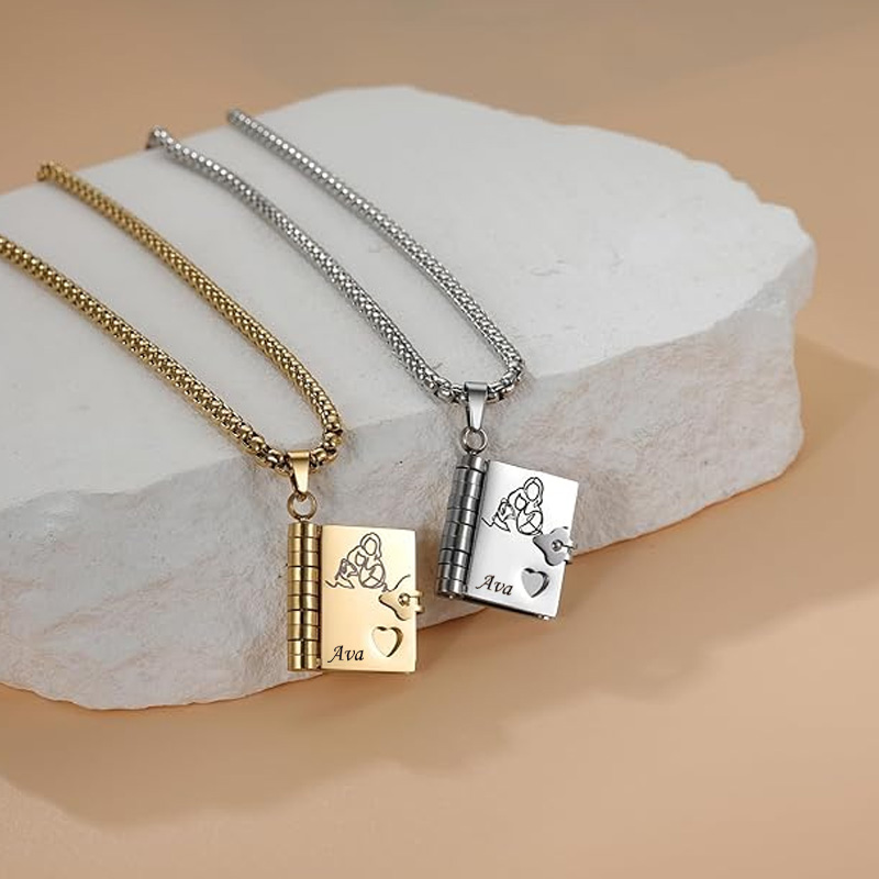 Personalized Book Necklace for Granddaughter Silver Locket Charm Pendant Gift Jewelry Engraved Book Necklace