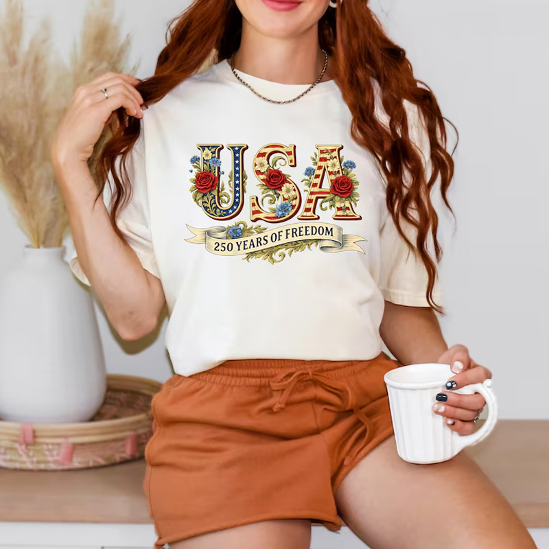 Vintage Patriotic USA 250 Years of Freedom Floral Graphic Casual Summer Independence Celebration T Shirt