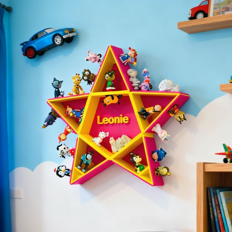 Personalized Custom Name Star Shaped Wall Mounted Shelf Creative 3D Printed Kids Room Organizer Perfect for Displaying Toy Cars Collectibles and Nursery Decor
