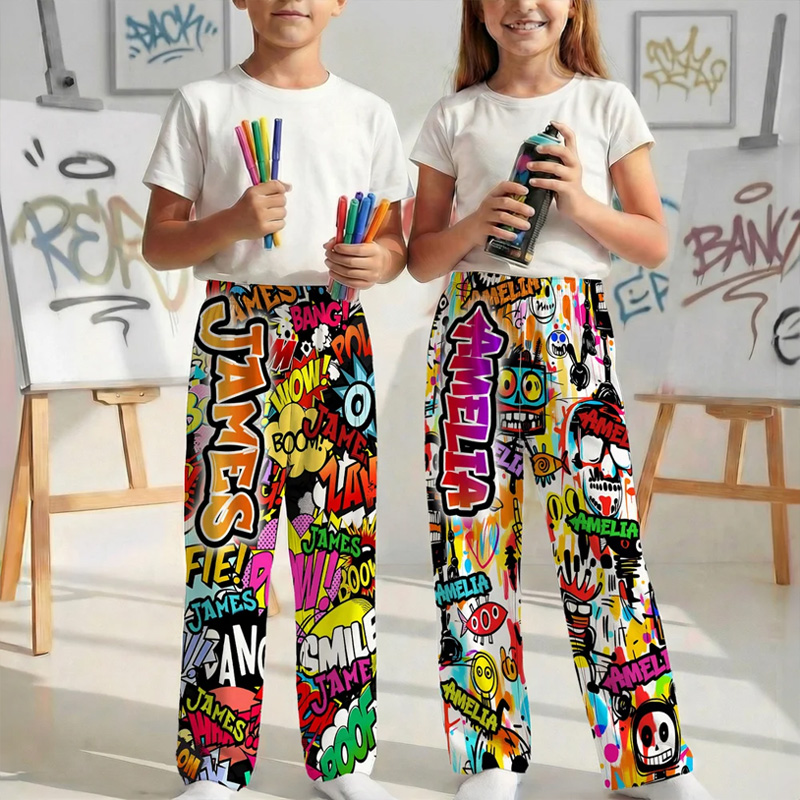Personalized Graffiti-Art Design Kid Mom Dad Pajama Pants with Colorful Name and Drawstring Daily Wear Birthday Gift for Kids Family