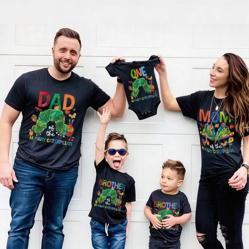 Personalized Cute Hungry Caterpillar Print Custom Family Outfit Fun Coordinated Parent Child T Shirt Set Personalized Family Matching