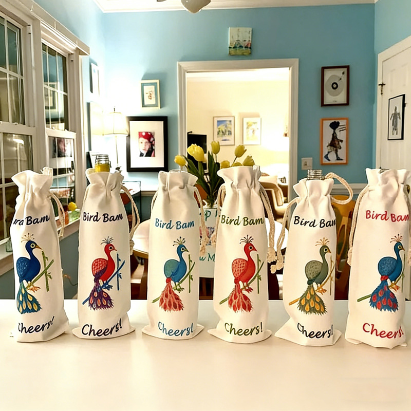 Colorful Fun Reusable Party Gift Bag Peacock Print Beverage Carrier Entertaining Accessory Mahjong Bird Bam Canvas Wine Totes