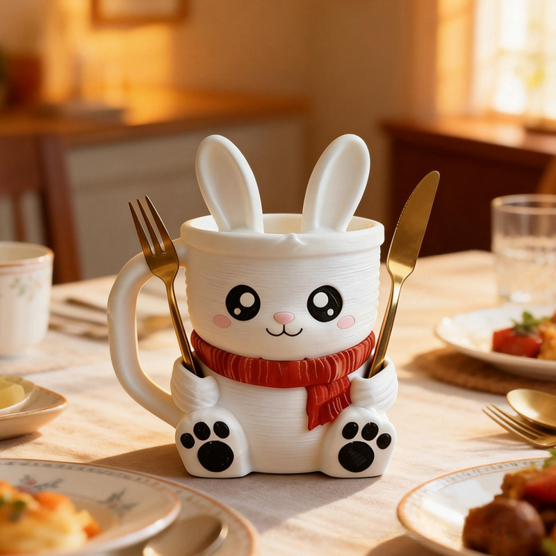 Cartoon Red Scarf Rabbit Ice Cream Pint Holder 3D Printed with 2 Spoon Slots Cozy Birthday Gifts for Kids