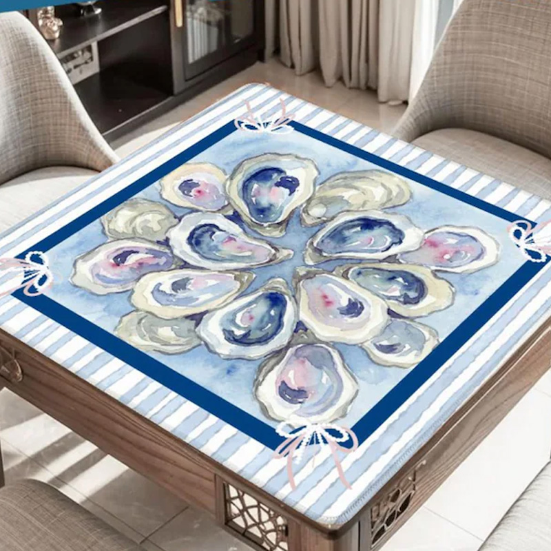 Coastal Oyster Shell Sea Blue Watercolor Marine Style Nautical Ocean Inspired Table Game Accessory Mahjong Mat