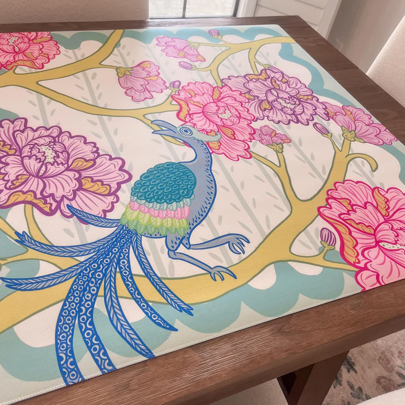 Colorful Phoenix and Peony Flower Pattern Lucky Symbol Asian Art Inspired Elegant Table Game Accessory Mahjong Mat