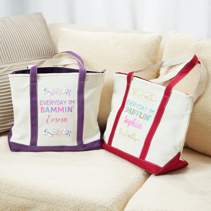 Personalized Mahjong Design Multicolor Canvas Tote Bag with Name Mahjong Club Birthday Gift for Family Friend Mahjong Player