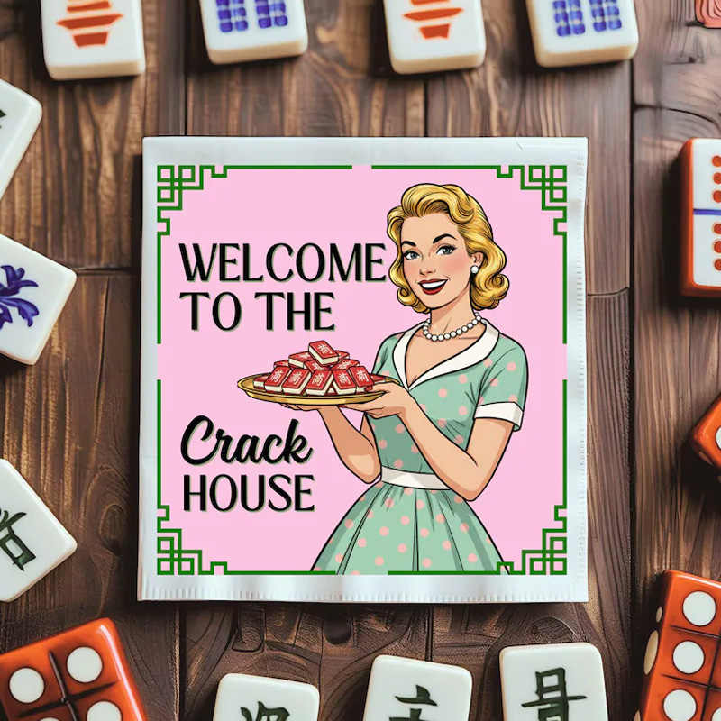 Retro Housewife Holding Mahjong Tiles Humorous Party Decor Playful Gift Idea Vintage Style Funny Mahjong Cocktail Napkins