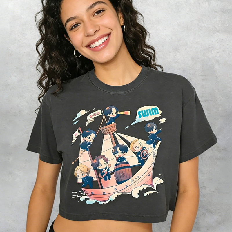 Kpop Cute Anime Style Pirate Ship Cartoon Graphic Casual Streetwear Short Sleeve Trendy Cropped Fans T Shirt